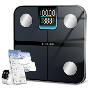 Bathroom smart scale for health monitoring: ABS plastic, black, 7-in-1 display with BMI, body fat, muscle mass, Bluetooth APP s